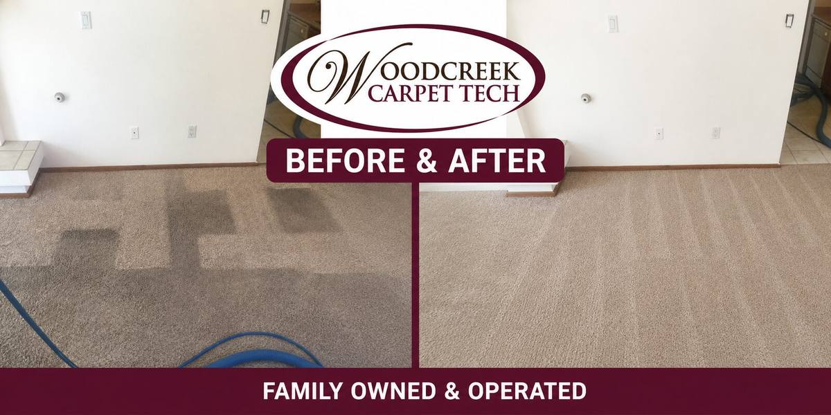 Living room carpet before and after cleaning, deep vacuum lines removed