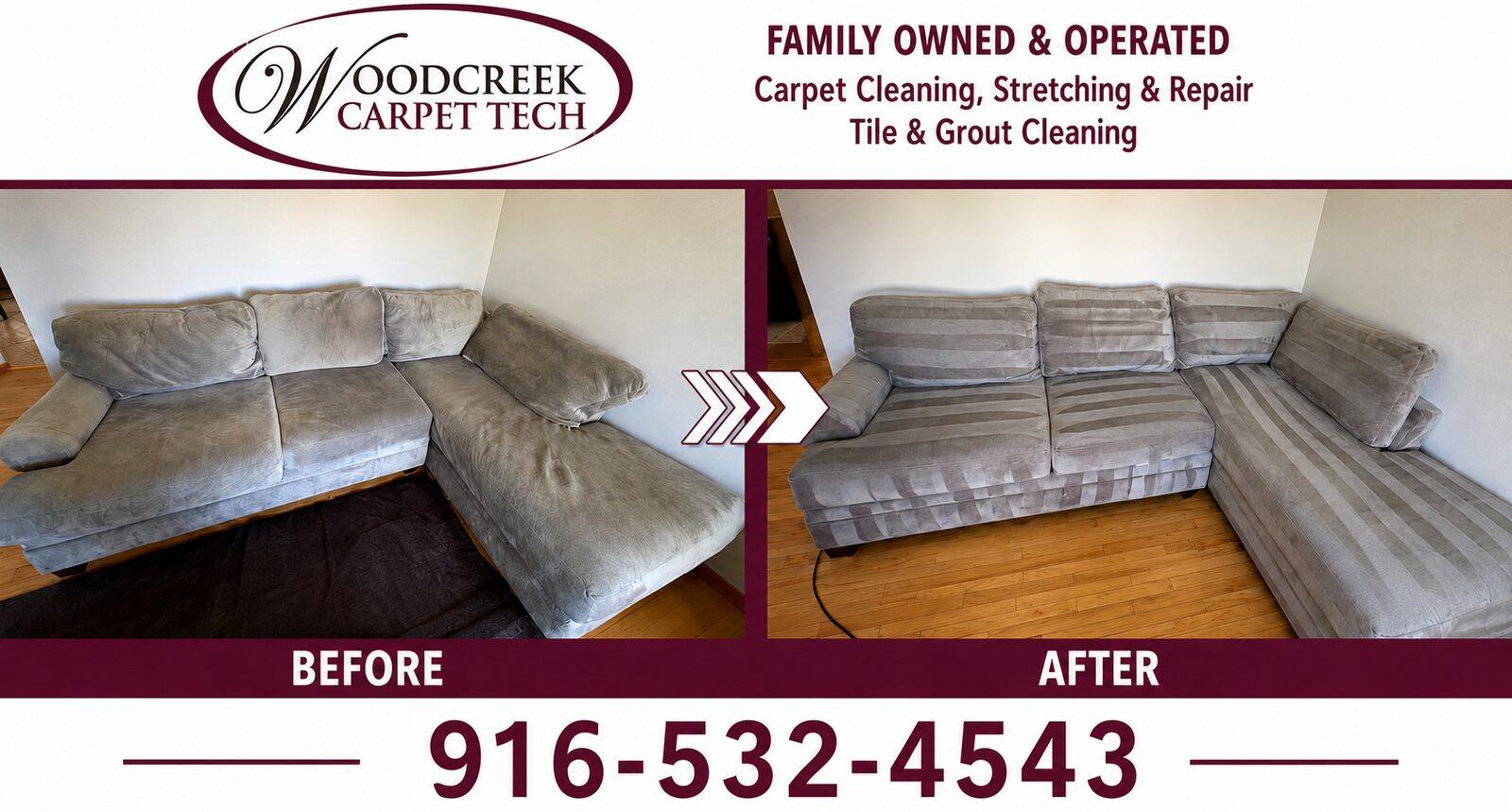 Sectional sofa upholstery before and after cleaning by Woodcreek Carpet Tech
